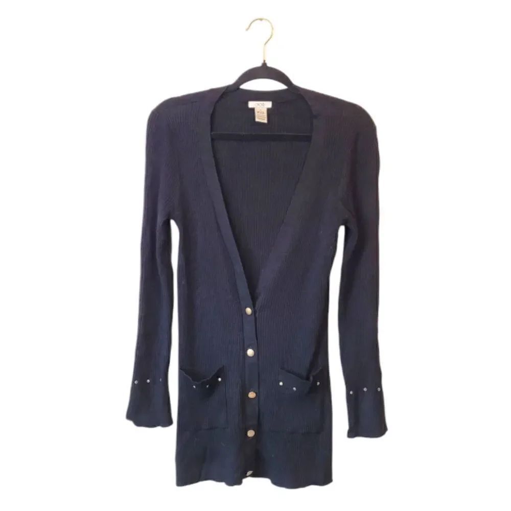 Cache Black Ribbed Studded Button Front Cardigan